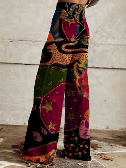 Women's Wide-Leg Pants with Multicolor Patchwork-Style Print