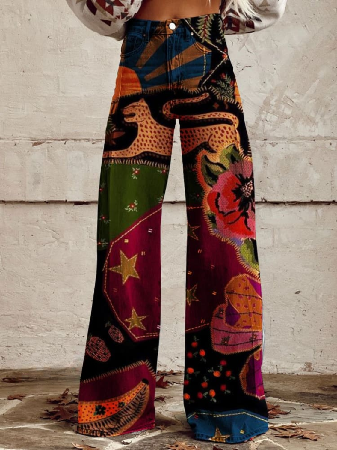 Women's Wide-Leg Pants with Multicolor Patchwork-Style Print
