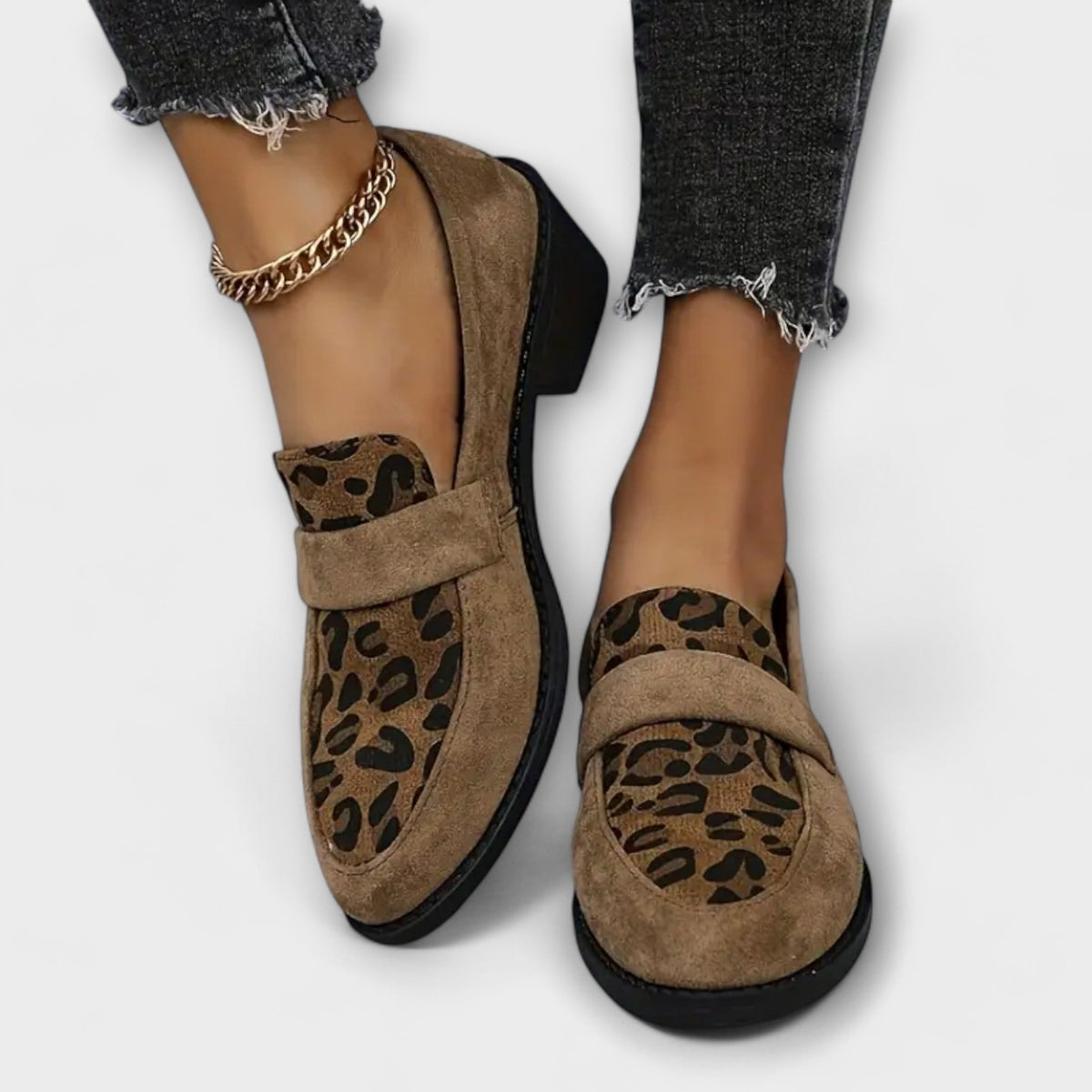 Women's Leopard-Print Loafer Heels with Low Block Heel