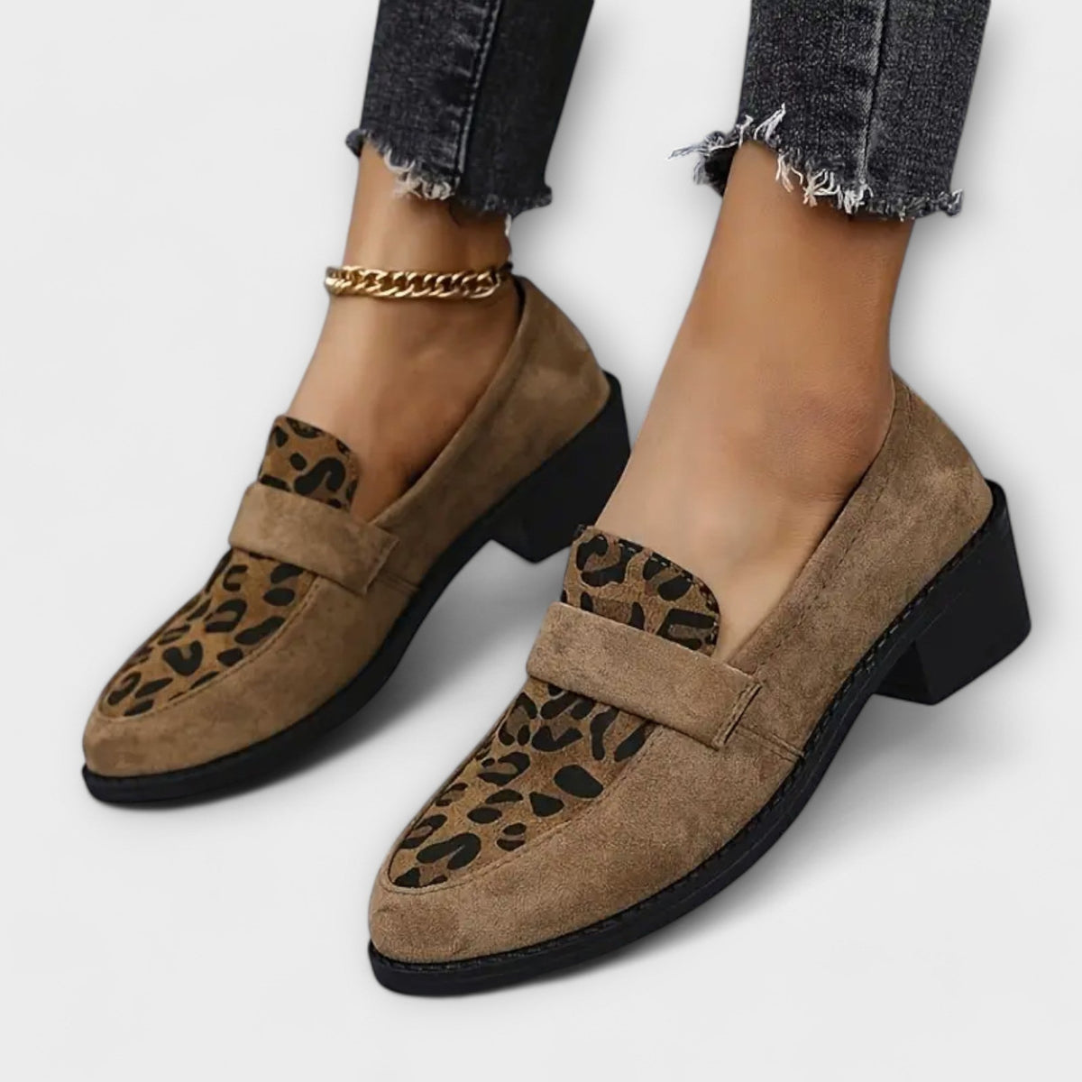 Women's Leopard-Print Loafer Heels with Low Block Heel