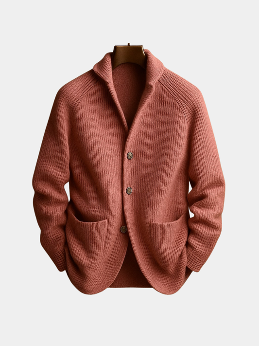 Men's Ribbed Shawl-Collar Cardigan with Three Buttons and Front Pockets