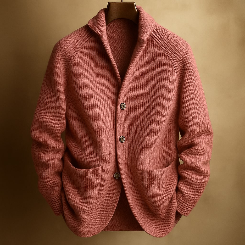 Men's Ribbed Shawl-Collar Cardigan with Three Buttons and Front Pockets