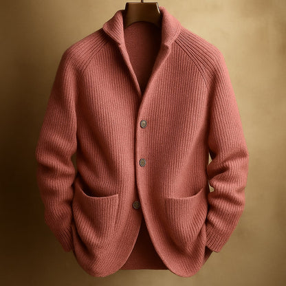 Men's Ribbed Shawl-Collar Cardigan with Three Buttons and Front Pockets
