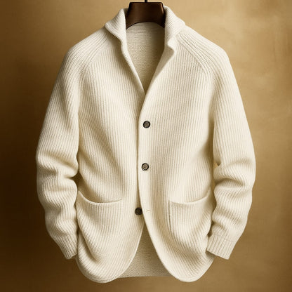 Men's Ribbed Shawl-Collar Cardigan with Three Buttons and Front Pockets