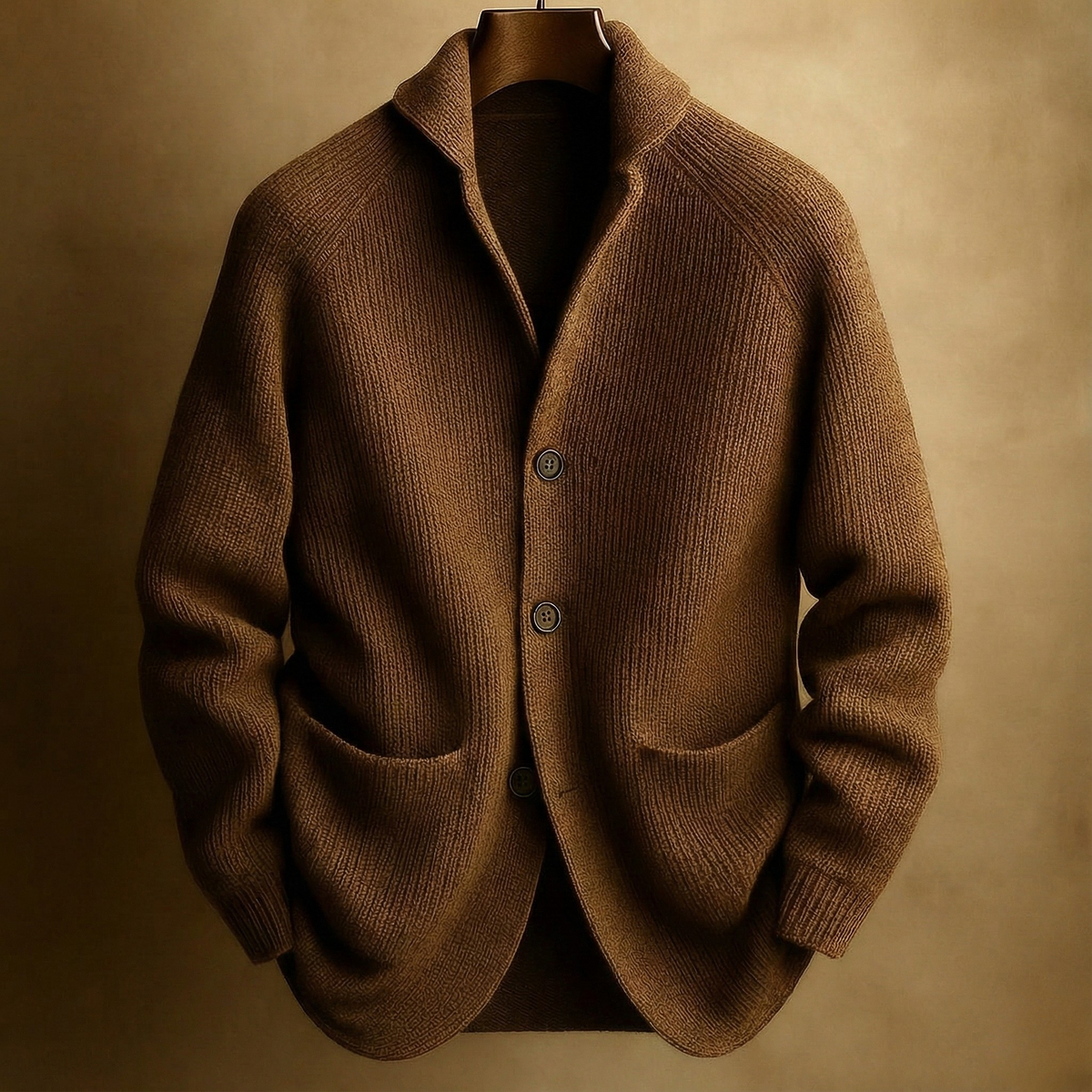 Men's Ribbed Shawl-Collar Cardigan with Three Buttons and Front Pockets