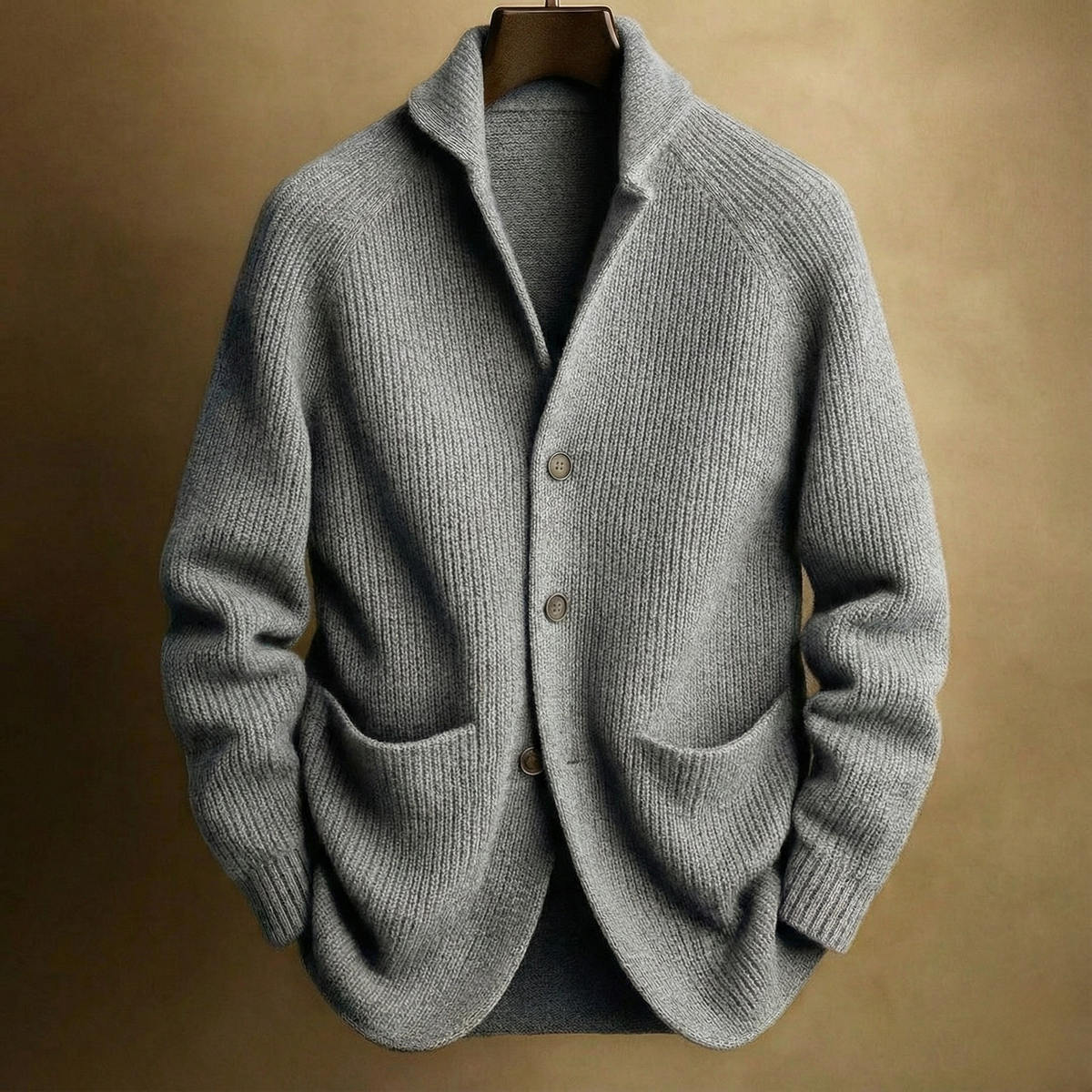 Men's Ribbed Shawl-Collar Cardigan with Three Buttons and Front Pockets