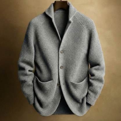 Men's Ribbed Shawl-Collar Cardigan with Three Buttons and Front Pockets