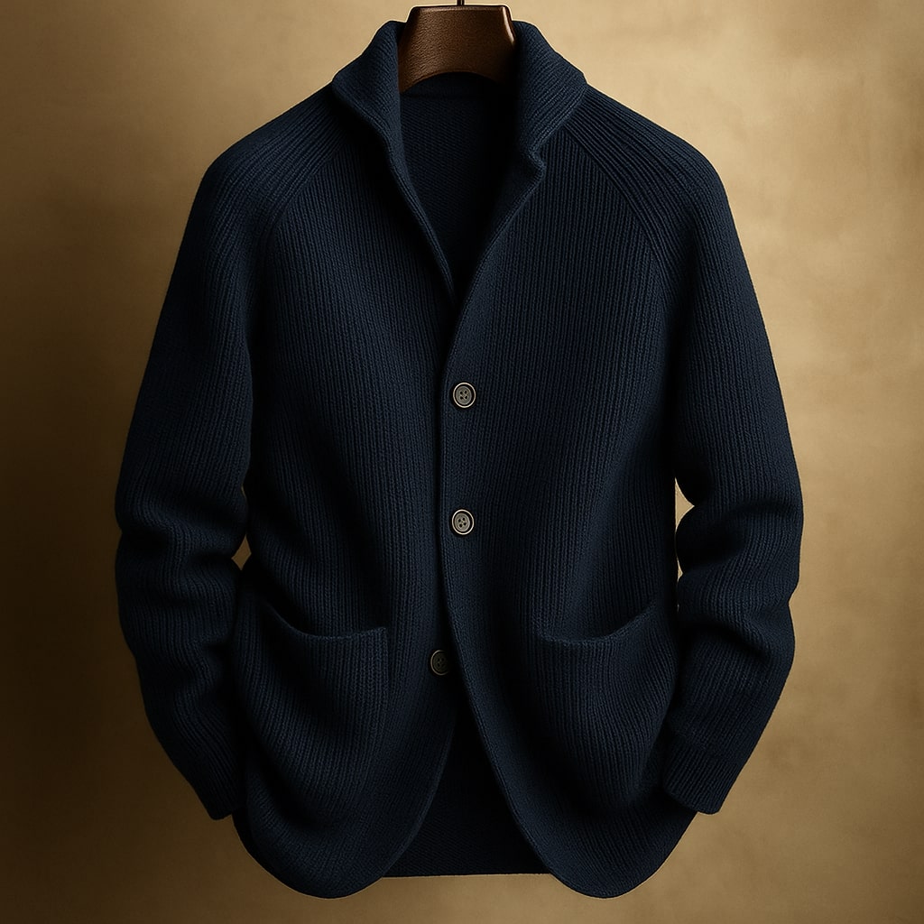 Men's Ribbed Shawl-Collar Cardigan with Three Buttons and Front Pockets