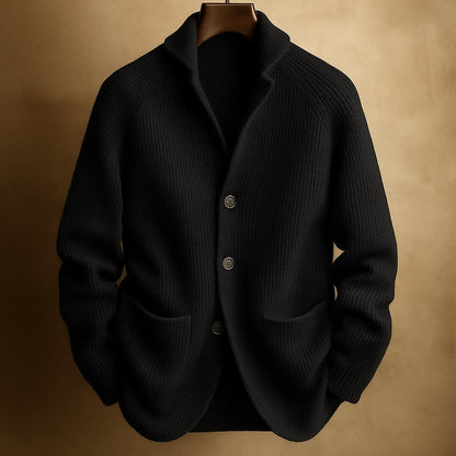 Men's Ribbed Shawl-Collar Cardigan with Three Buttons and Front Pockets