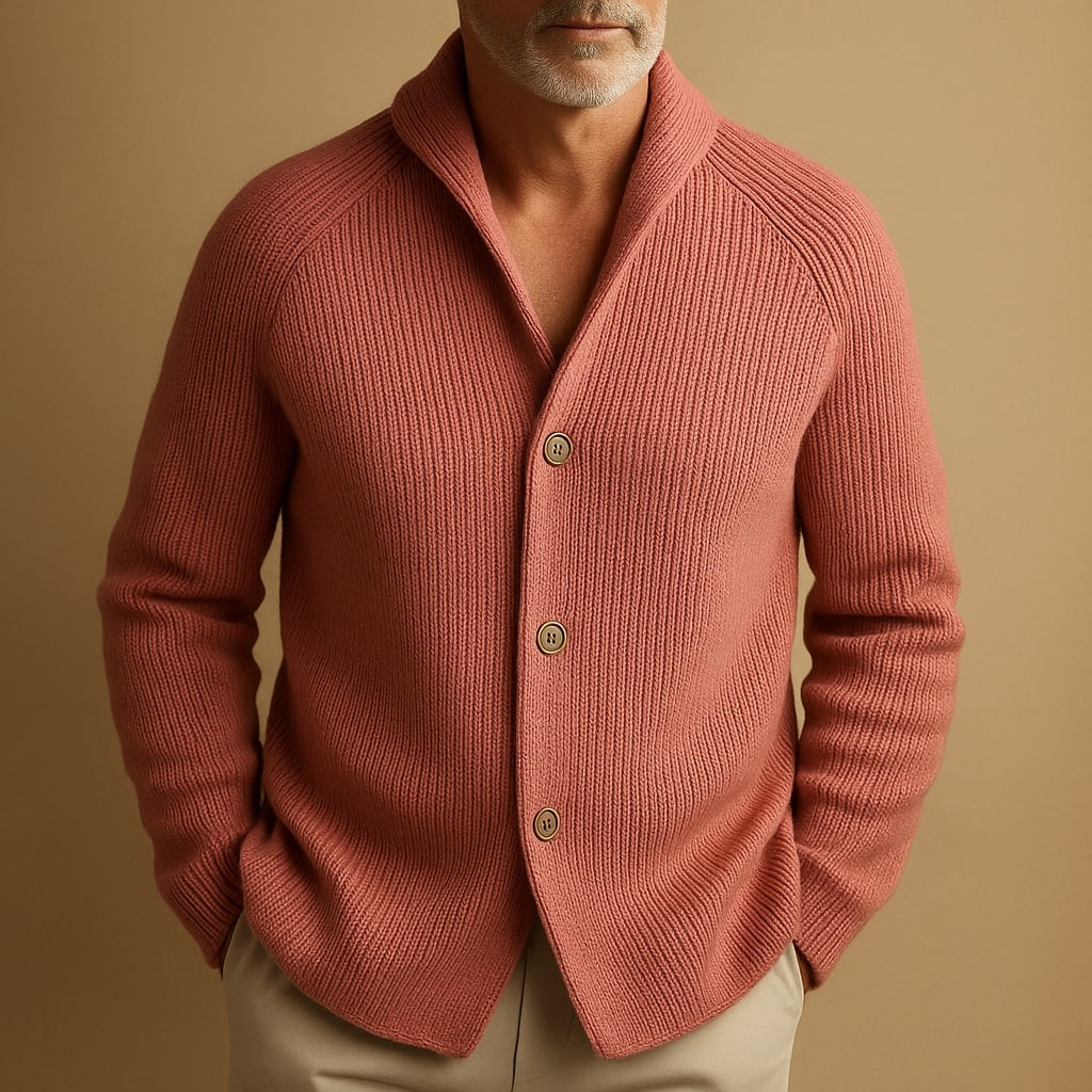 Men's Ribbed Shawl-Collar Cardigan with Three Buttons and Front Pockets