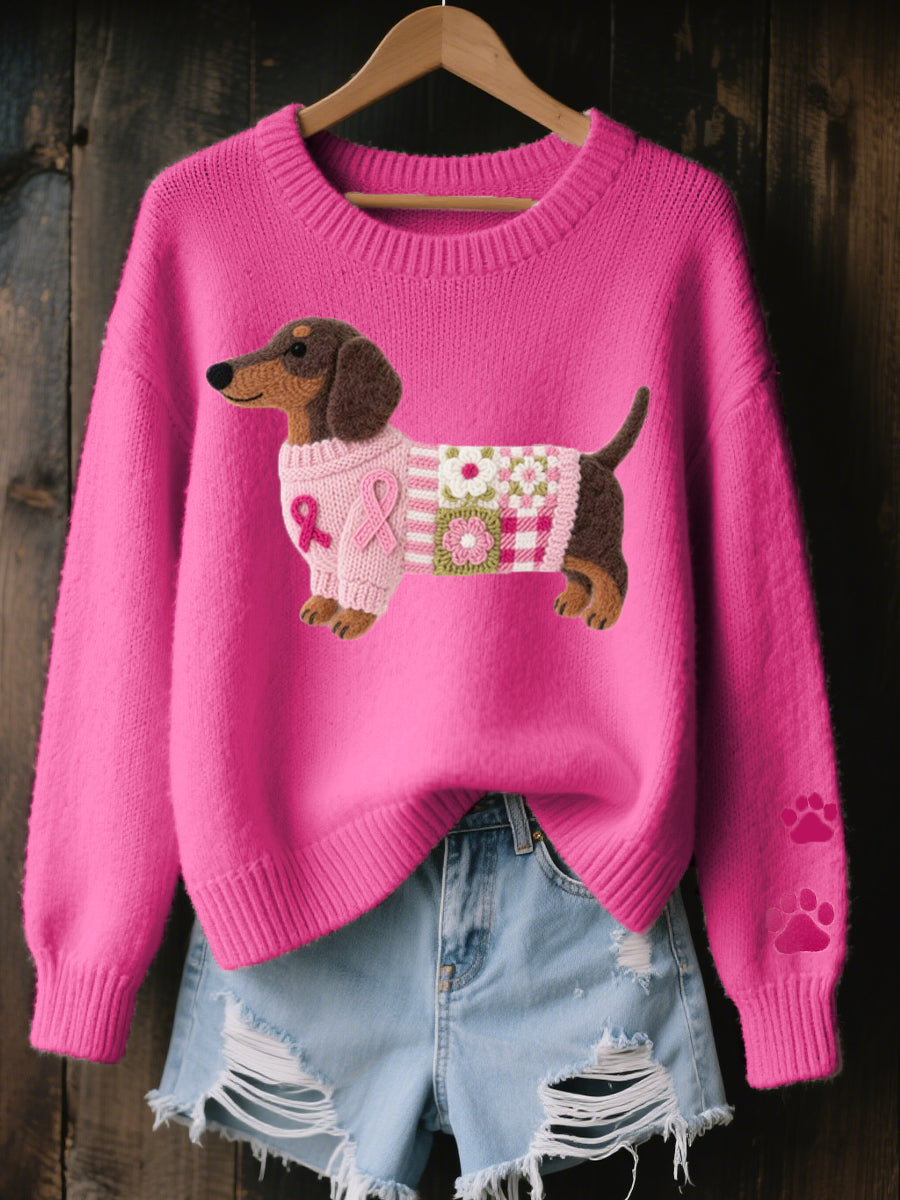 Women's Dachshund-Motif Knit Sweater with Bow Details and Ribbed Edges