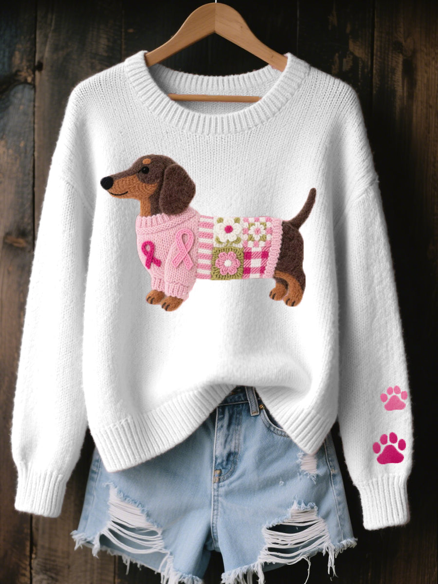 Women's Dachshund-Motif Knit Sweater with Bow Details and Ribbed Edges