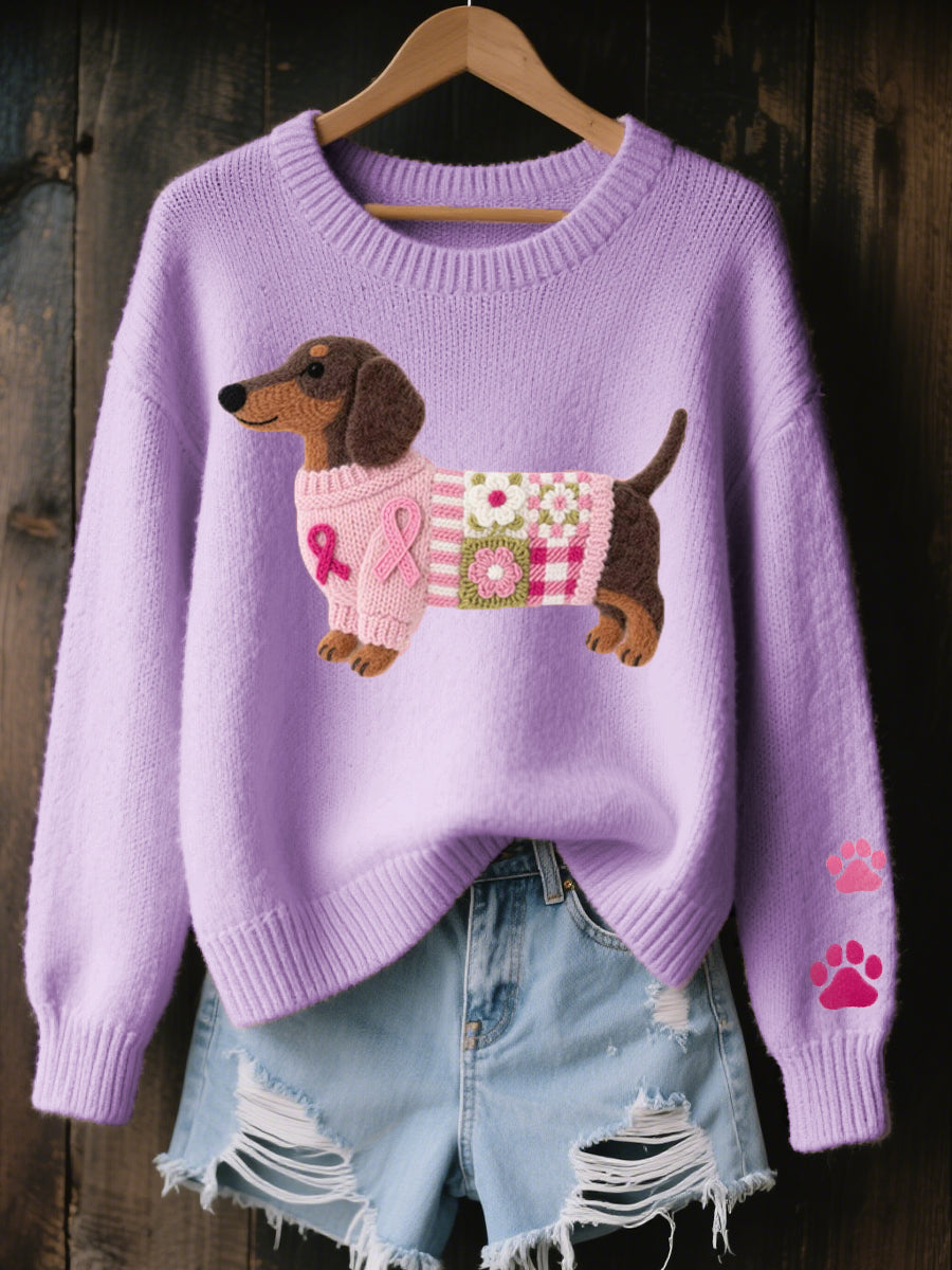 Women's Dachshund-Motif Knit Sweater with Bow Details and Ribbed Edges