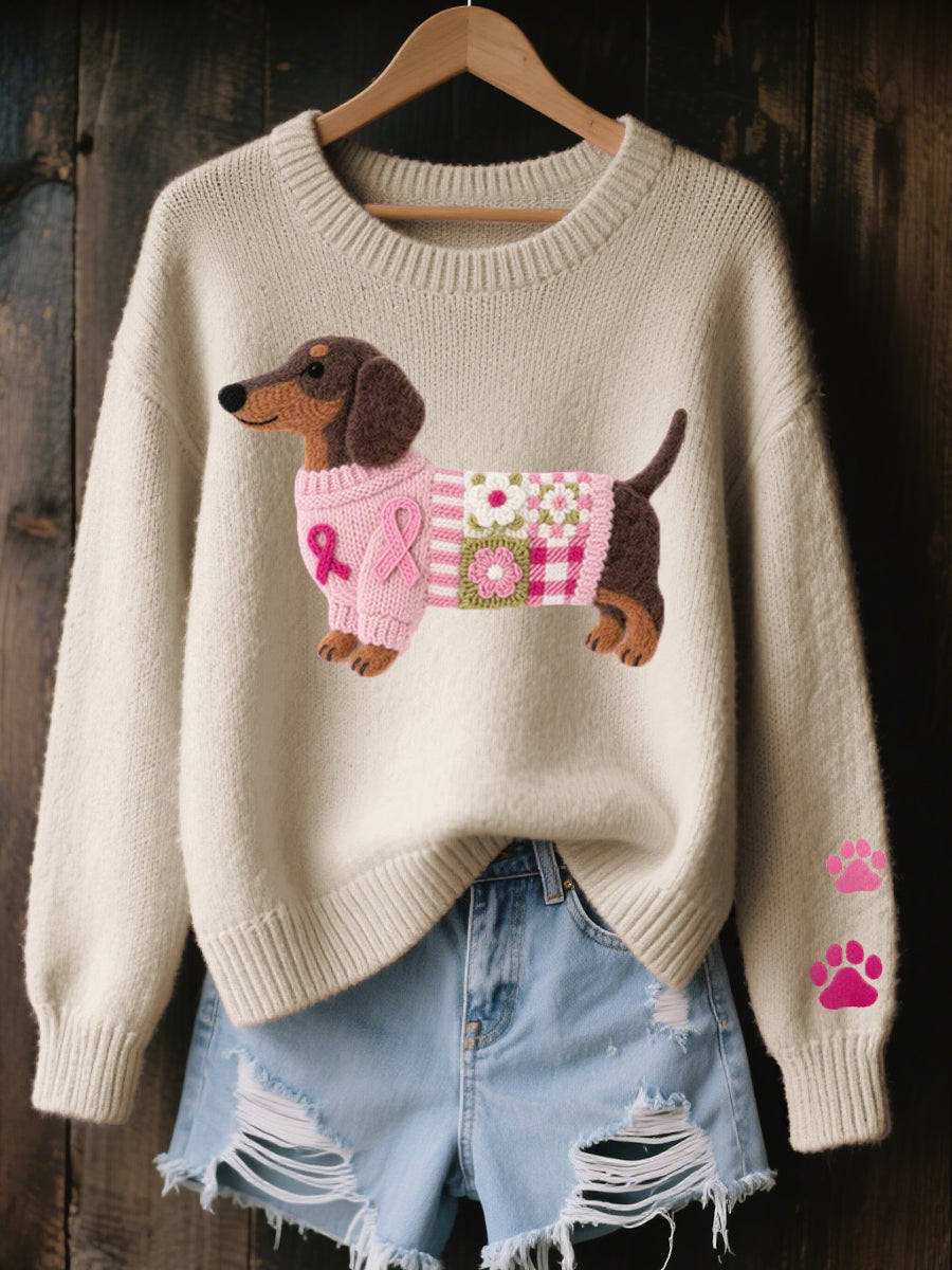 Women's Dachshund-Motif Knit Sweater with Bow Details and Ribbed Edges