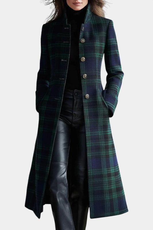 Women's Long Plaid Coat with Button Front and Lapel Collar