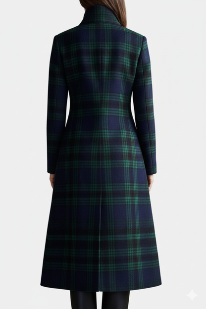 Women's Long Plaid Coat with Button Front and Lapel Collar