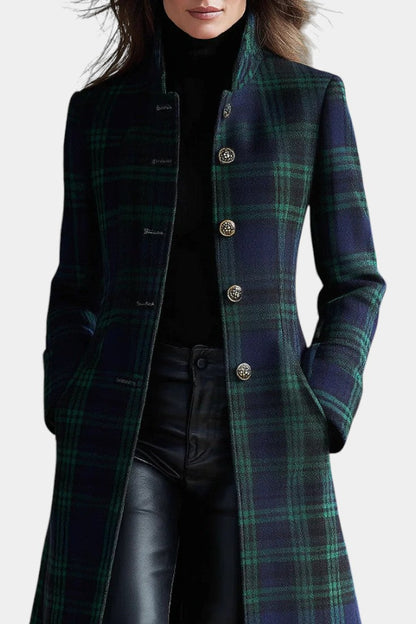 Women's Long Plaid Coat with Button Front and Lapel Collar