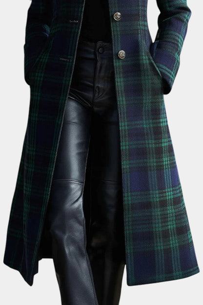 Women's Long Plaid Coat with Button Front and Lapel Collar