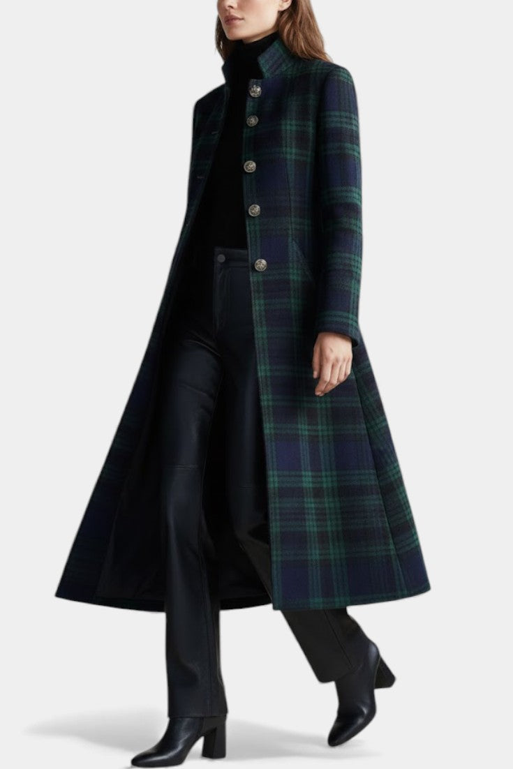 Women's Long Plaid Coat with Button Front and Lapel Collar