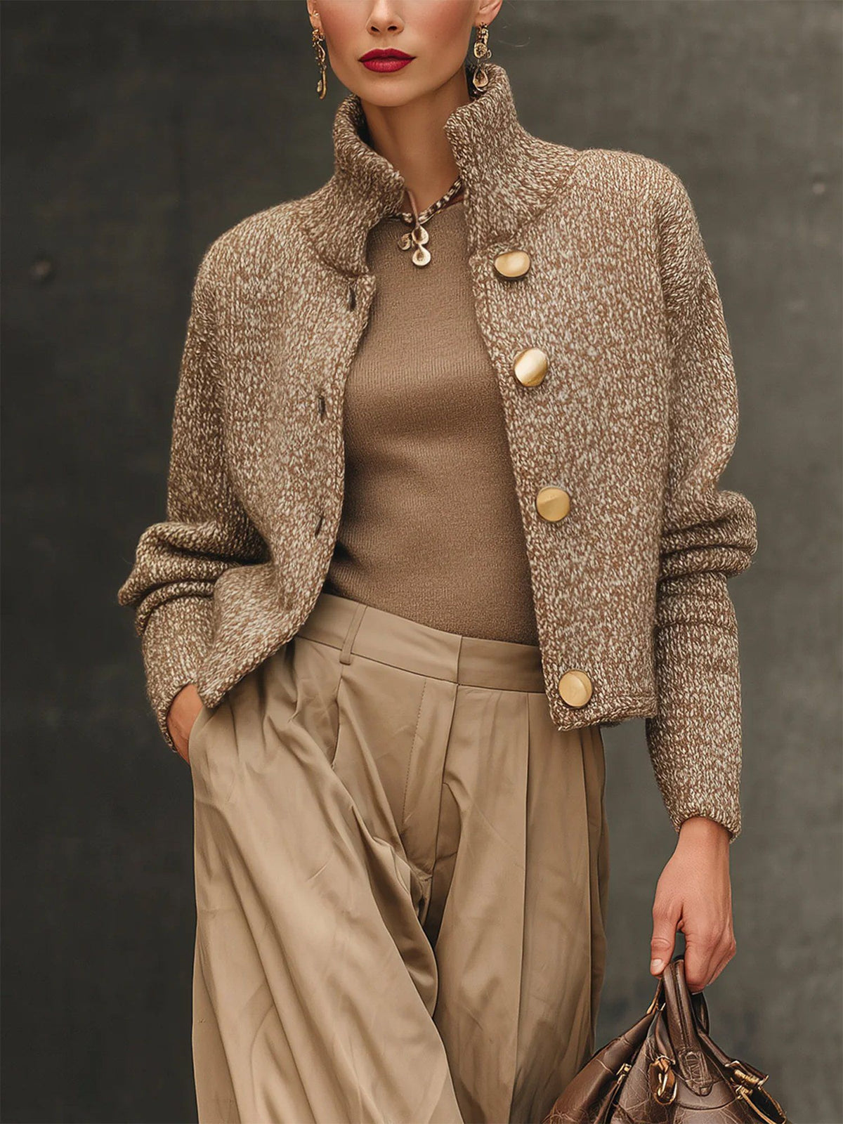 Women's Textured Knit Jacket with Stand Collar and Decorative Buttons