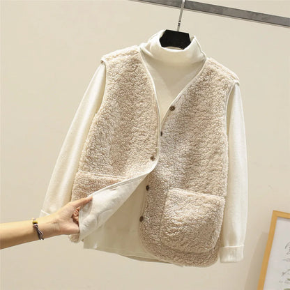 Women's Teddy-Texture Button-Front Vest with Patch Pockets
