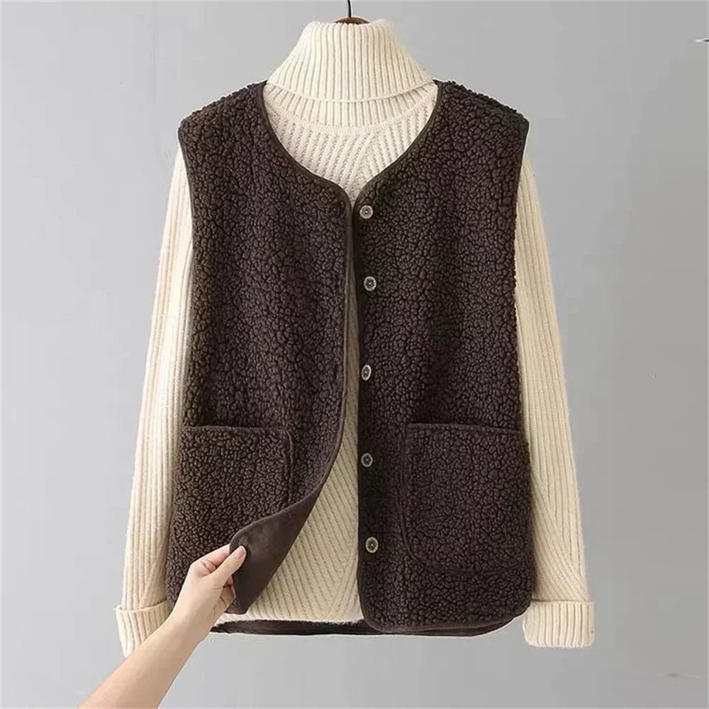 Women's Teddy-Texture Button-Front Vest with Patch Pockets