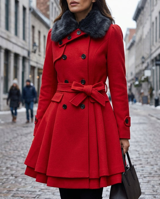 Women's Double-Breasted Peplum Coat with Textured Collar and Tie Belt