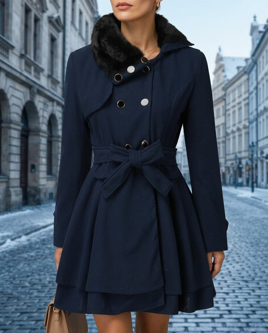 Women's Double-Breasted Peplum Coat with Textured Collar and Tie Belt