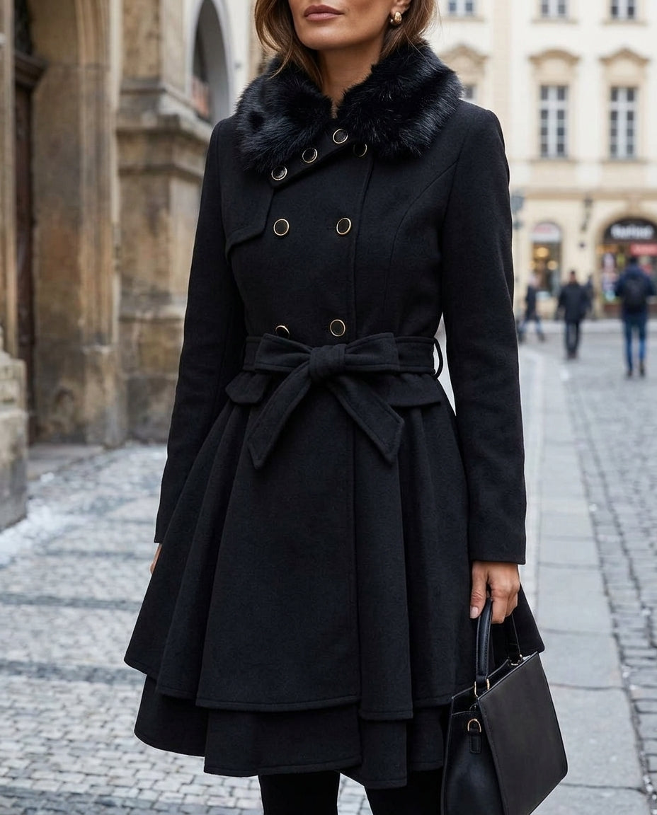 Women's Double-Breasted Peplum Coat with Textured Collar and Tie Belt