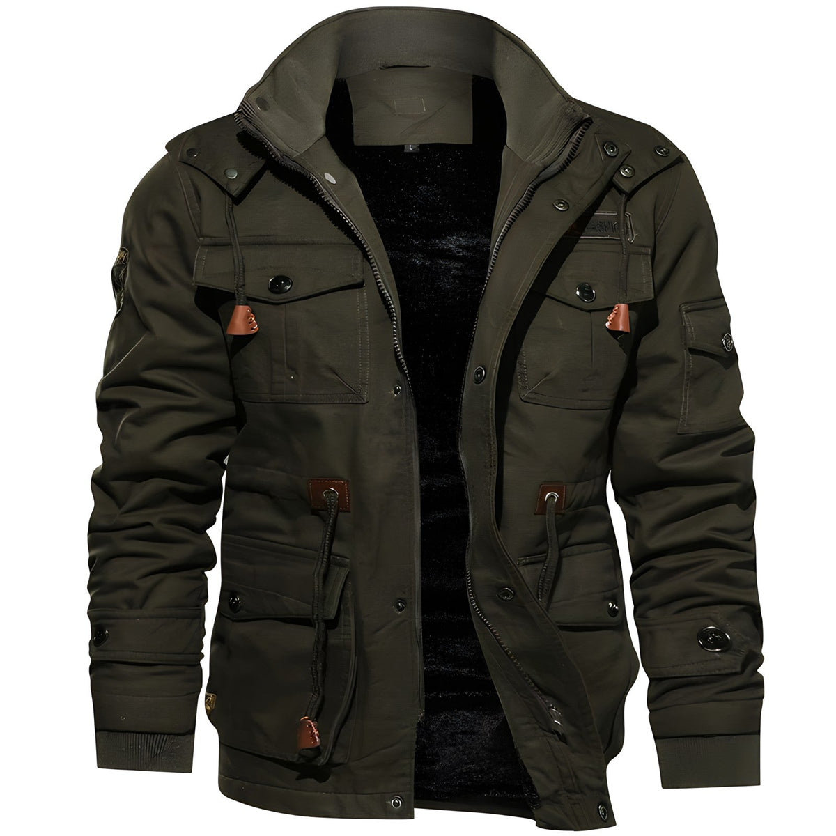 Men's Utility Jacket with Front Zipper, Multiple Pockets and Adjustable Waist