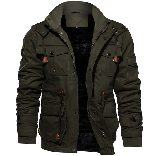 Men's Utility Jacket with Front Zipper, Multiple Pockets and Adjustable Waist