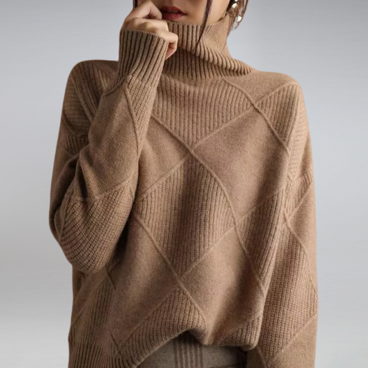 Women's Turtleneck Sweater with Geometric Knit and Ribbed Edges