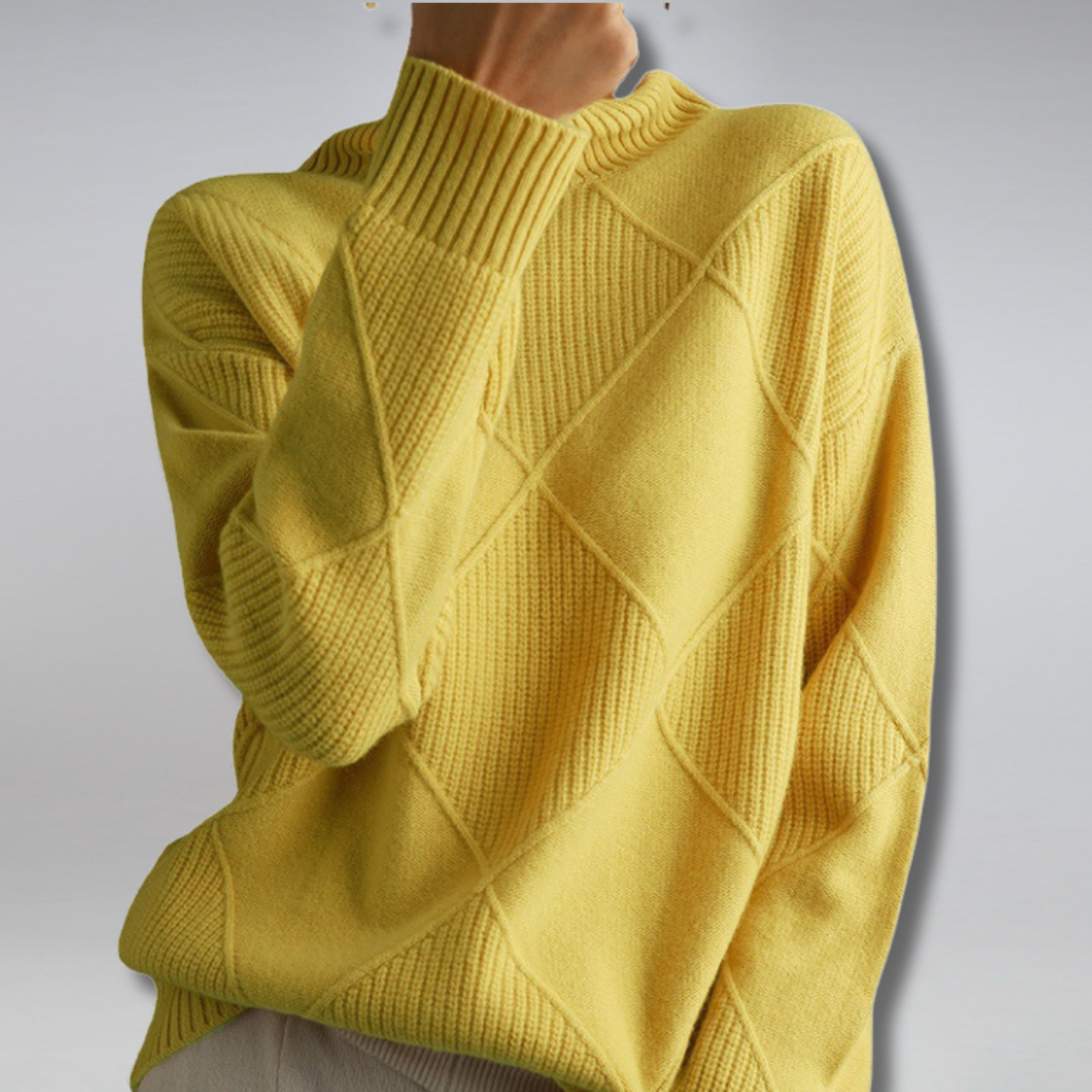 Women's Turtleneck Sweater with Geometric Knit and Ribbed Edges