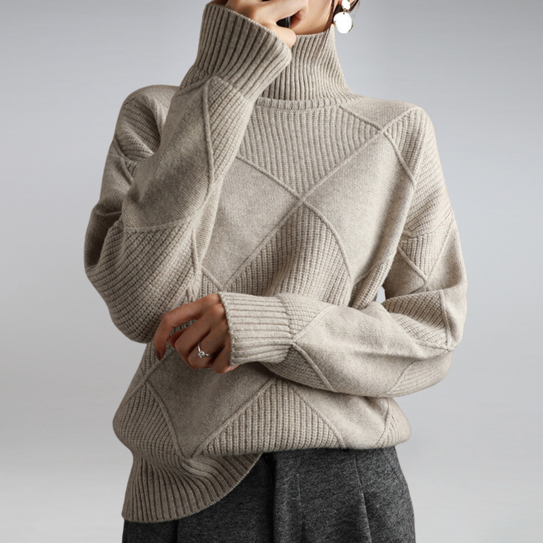 Women's Turtleneck Sweater with Geometric Knit and Ribbed Edges