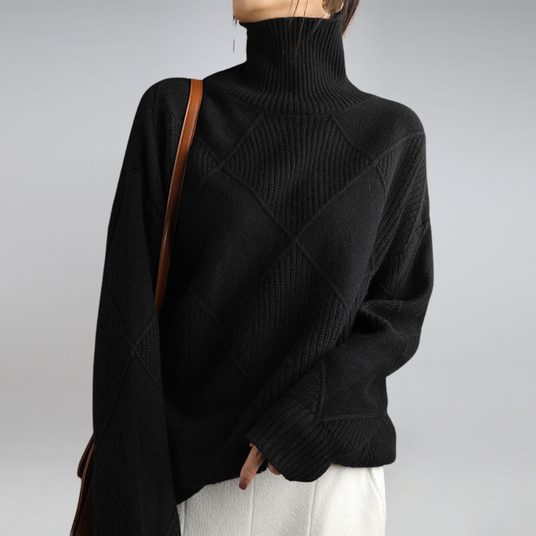Women's Turtleneck Sweater with Geometric Knit and Ribbed Edges