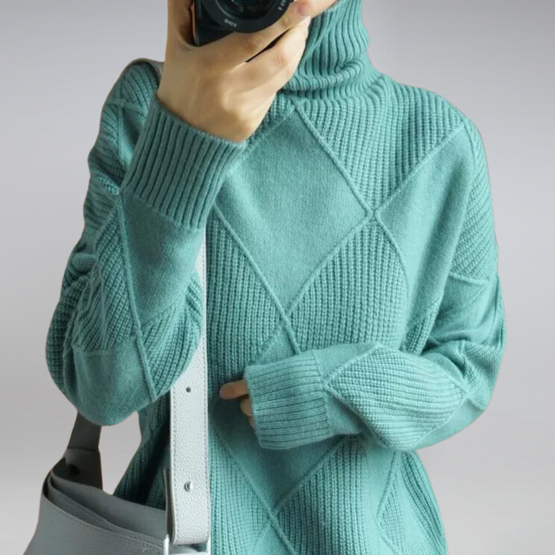 Women's Turtleneck Sweater with Geometric Knit and Ribbed Edges