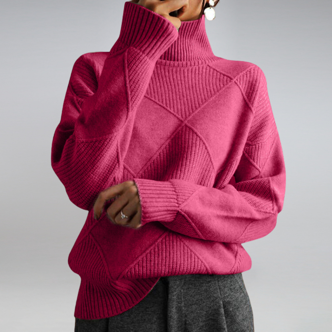 Women's Turtleneck Sweater with Geometric Knit and Ribbed Edges