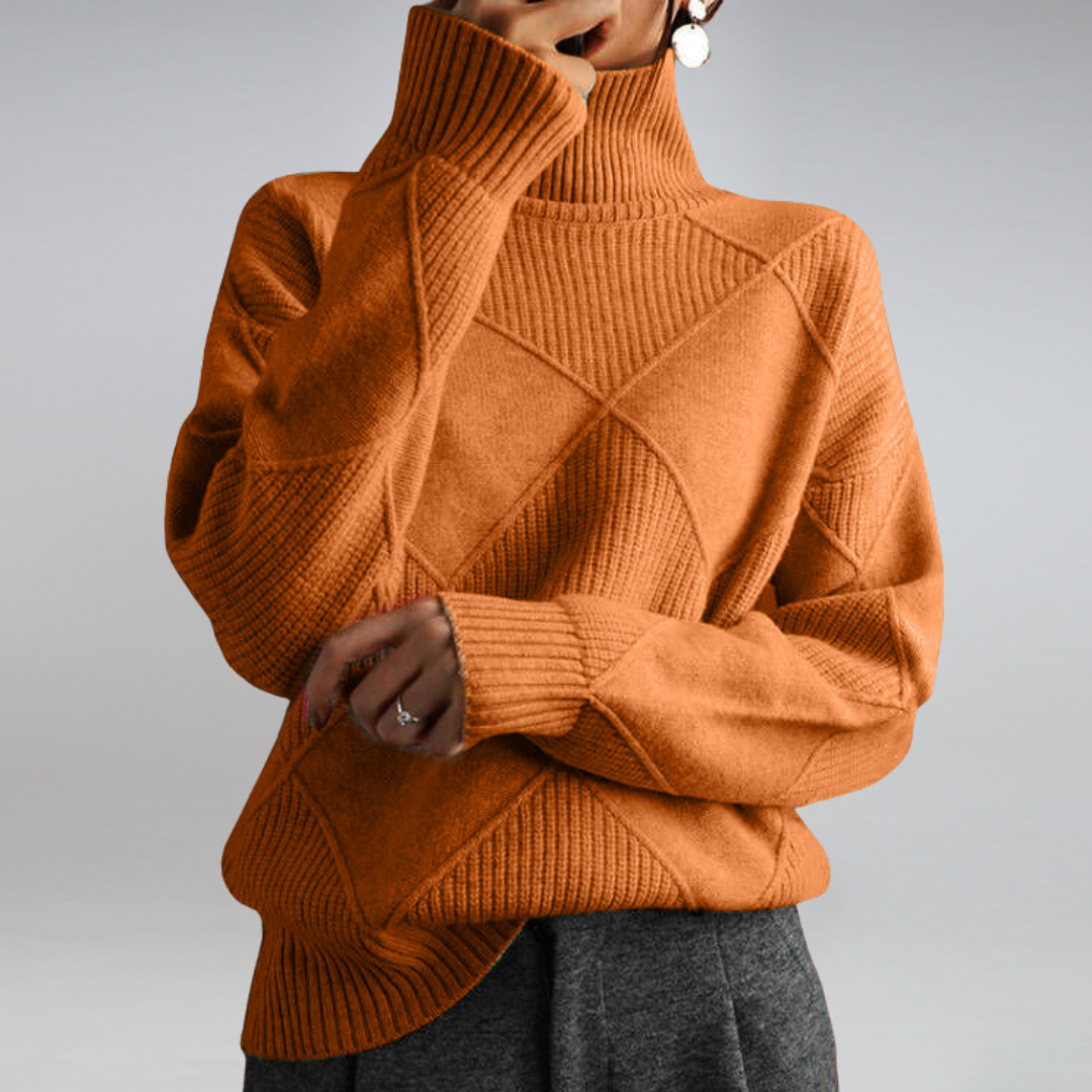 Women's Turtleneck Sweater with Geometric Knit and Ribbed Edges