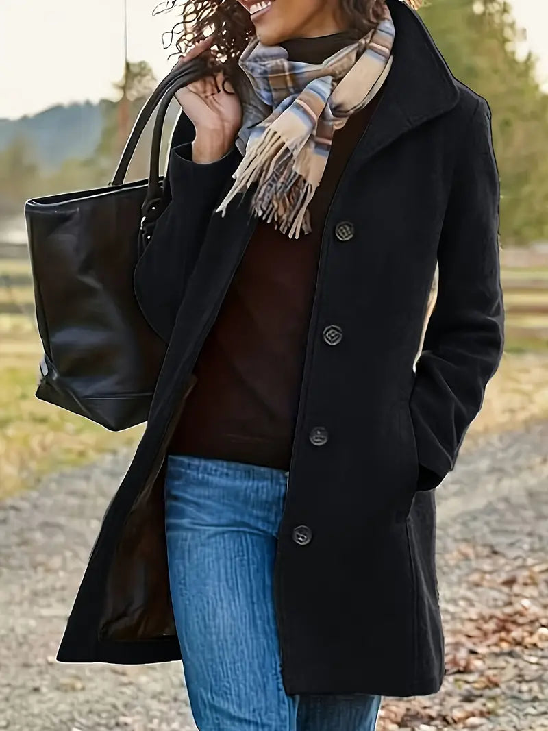 Women's Button-Front Coat with Lapel Collar and Clean Silhouette