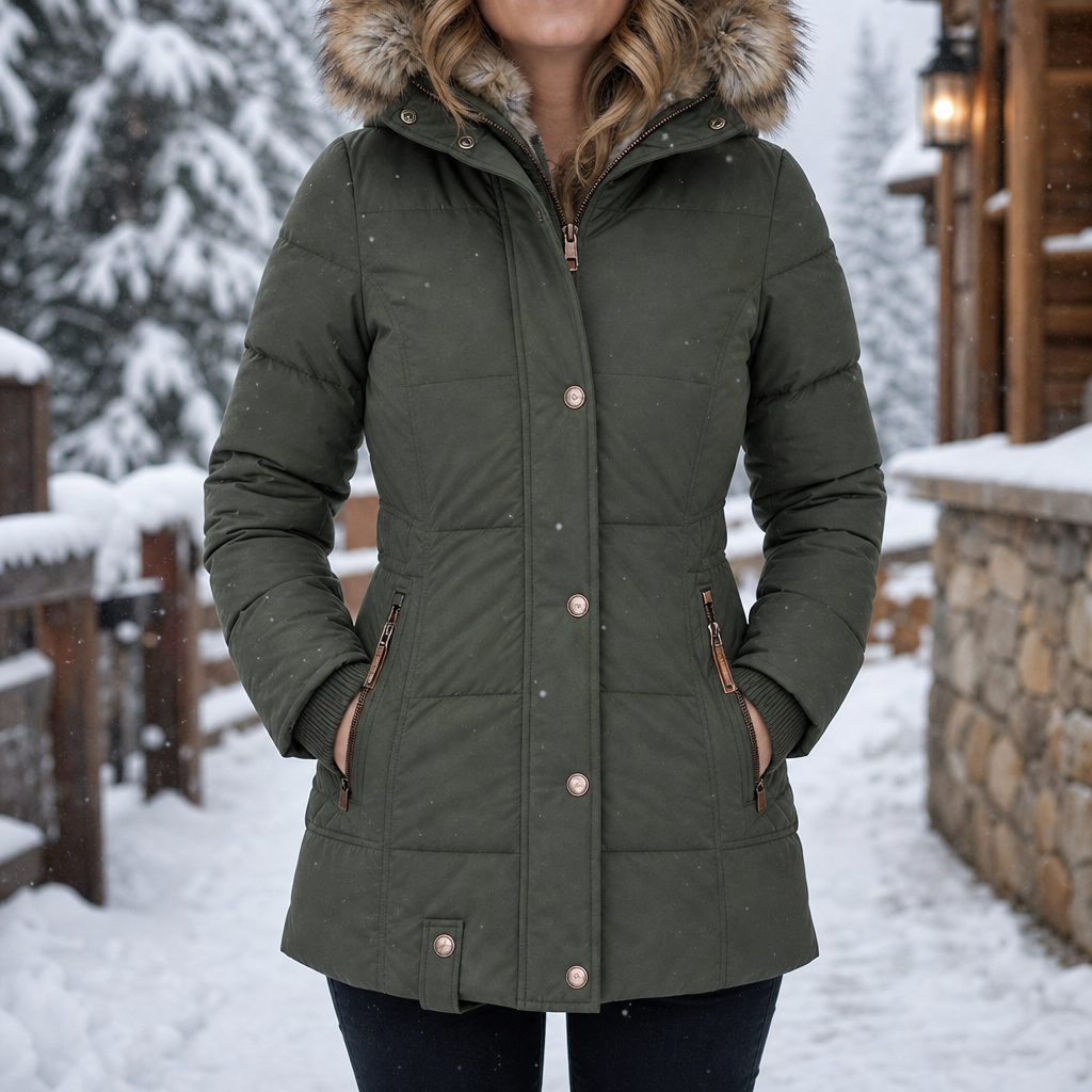 Women's Fitted Quilted Hooded Coat with Front Zipper and Side Pockets
