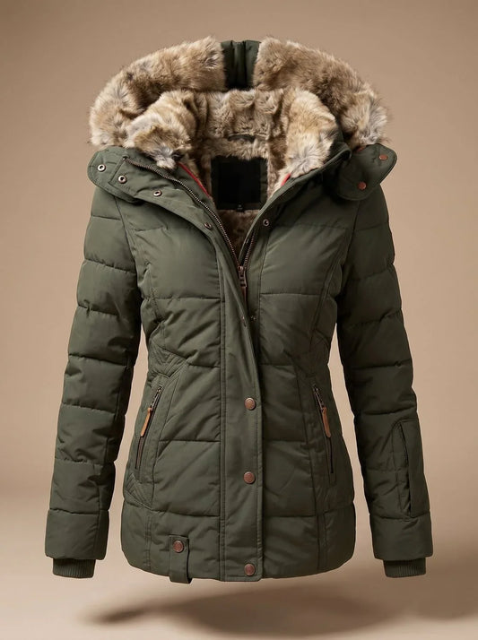 Women's Quilted Hooded Puffer Coat with Fur-Look Hood Trim