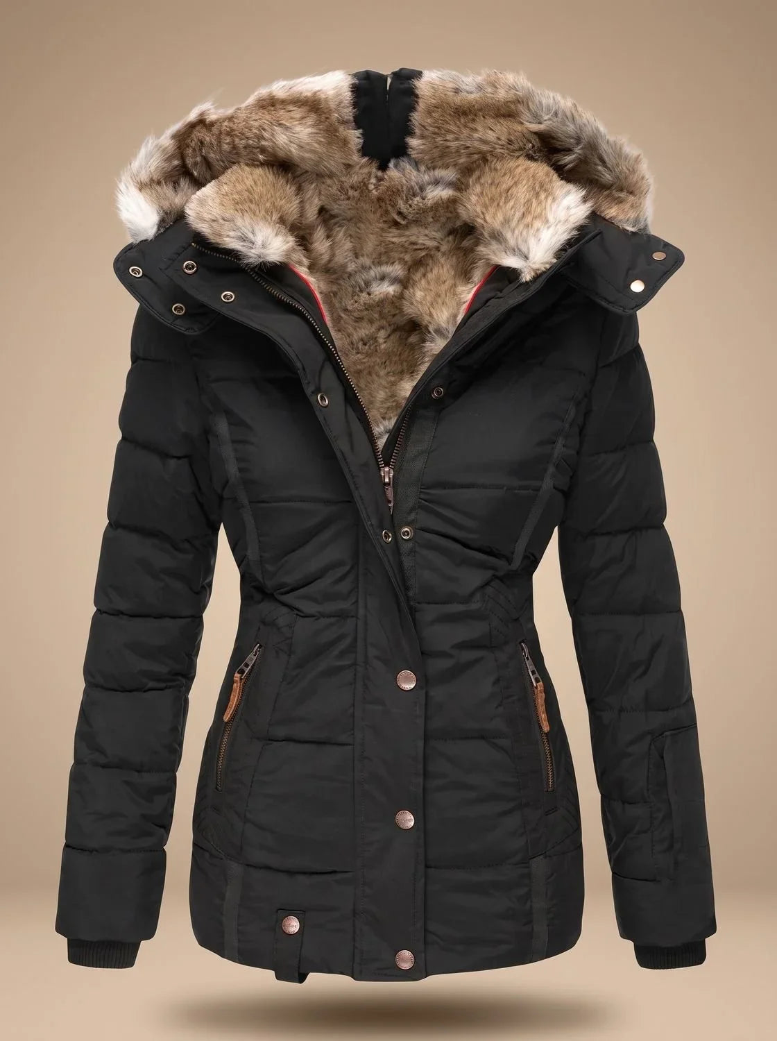 Women's Quilted Hooded Puffer Coat with Fur-Look Hood Trim