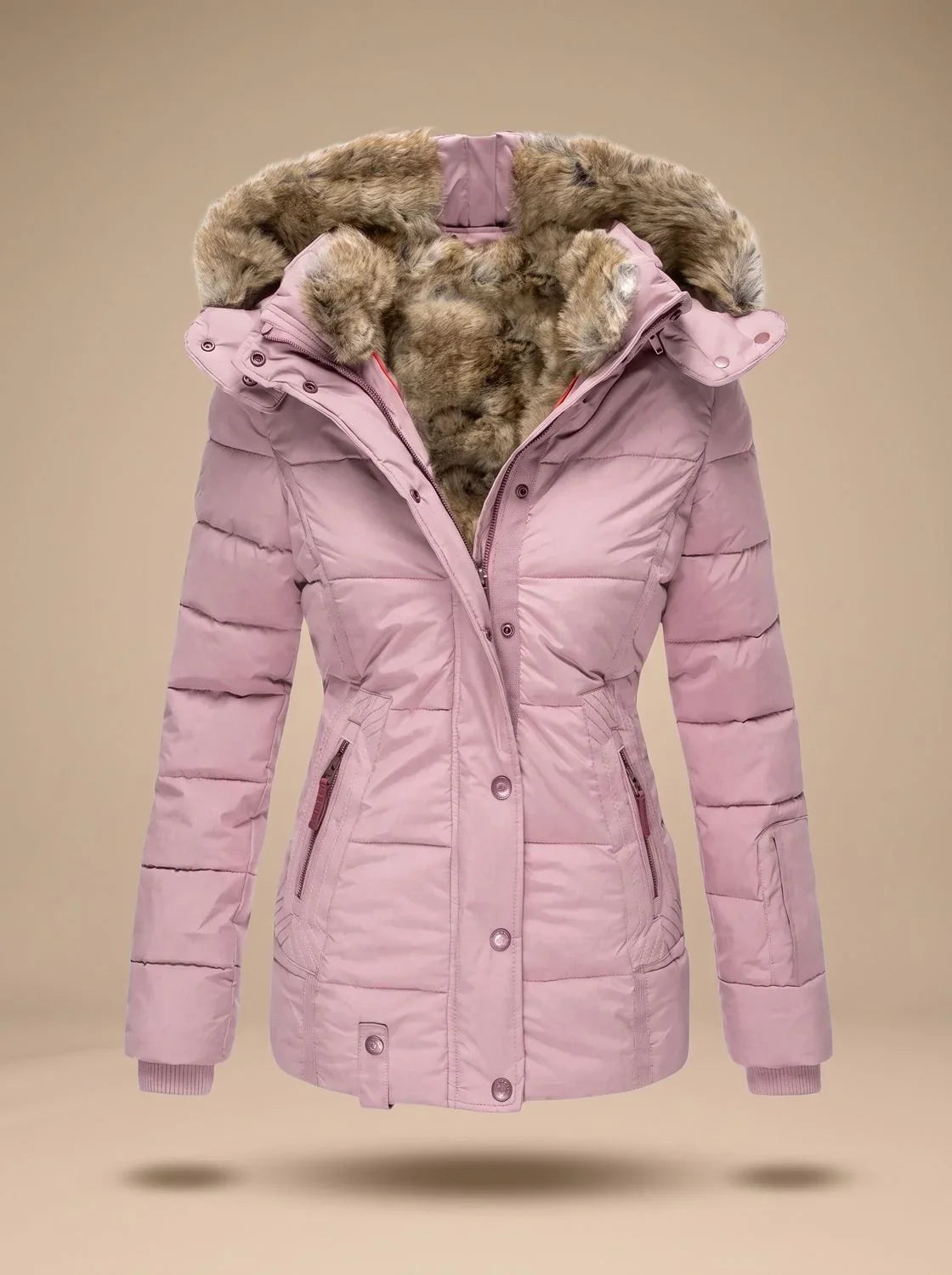 Women's Quilted Hooded Puffer Coat with Fur-Look Hood Trim