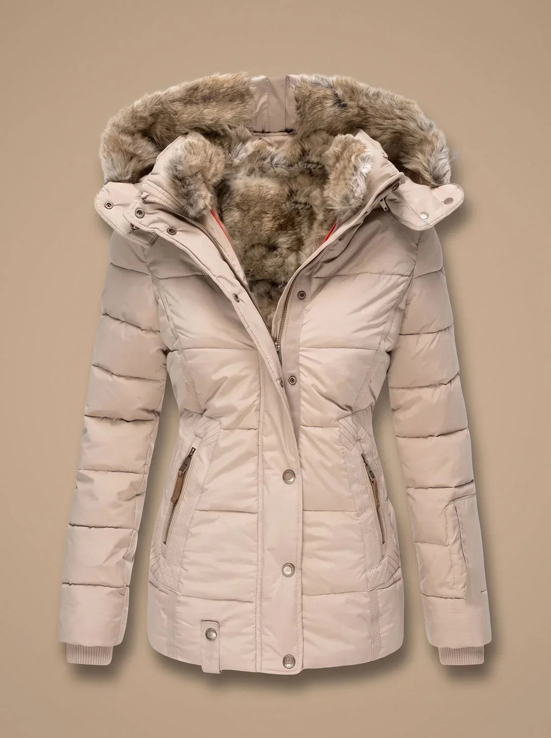 Women's Quilted Hooded Puffer Coat with Fur-Look Hood Trim