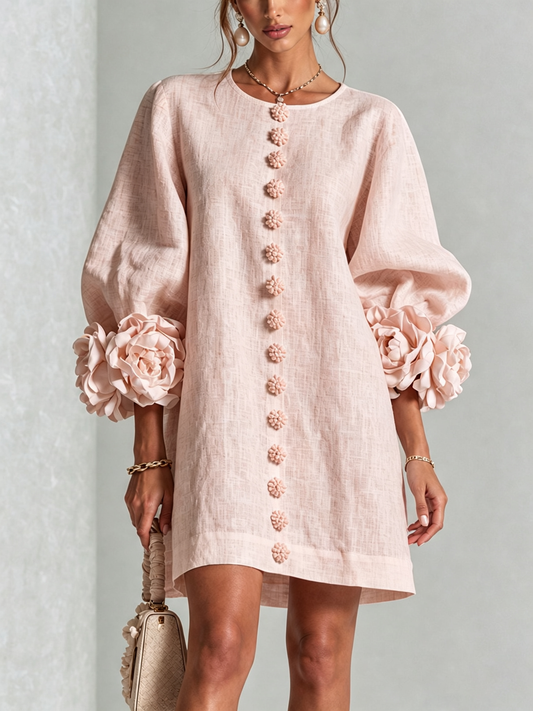 Women's Button-Front Mini Dress with Floral Cuffs and Puff Sleeves