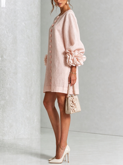 Women's Button-Front Mini Dress with Floral Cuffs and Puff Sleeves