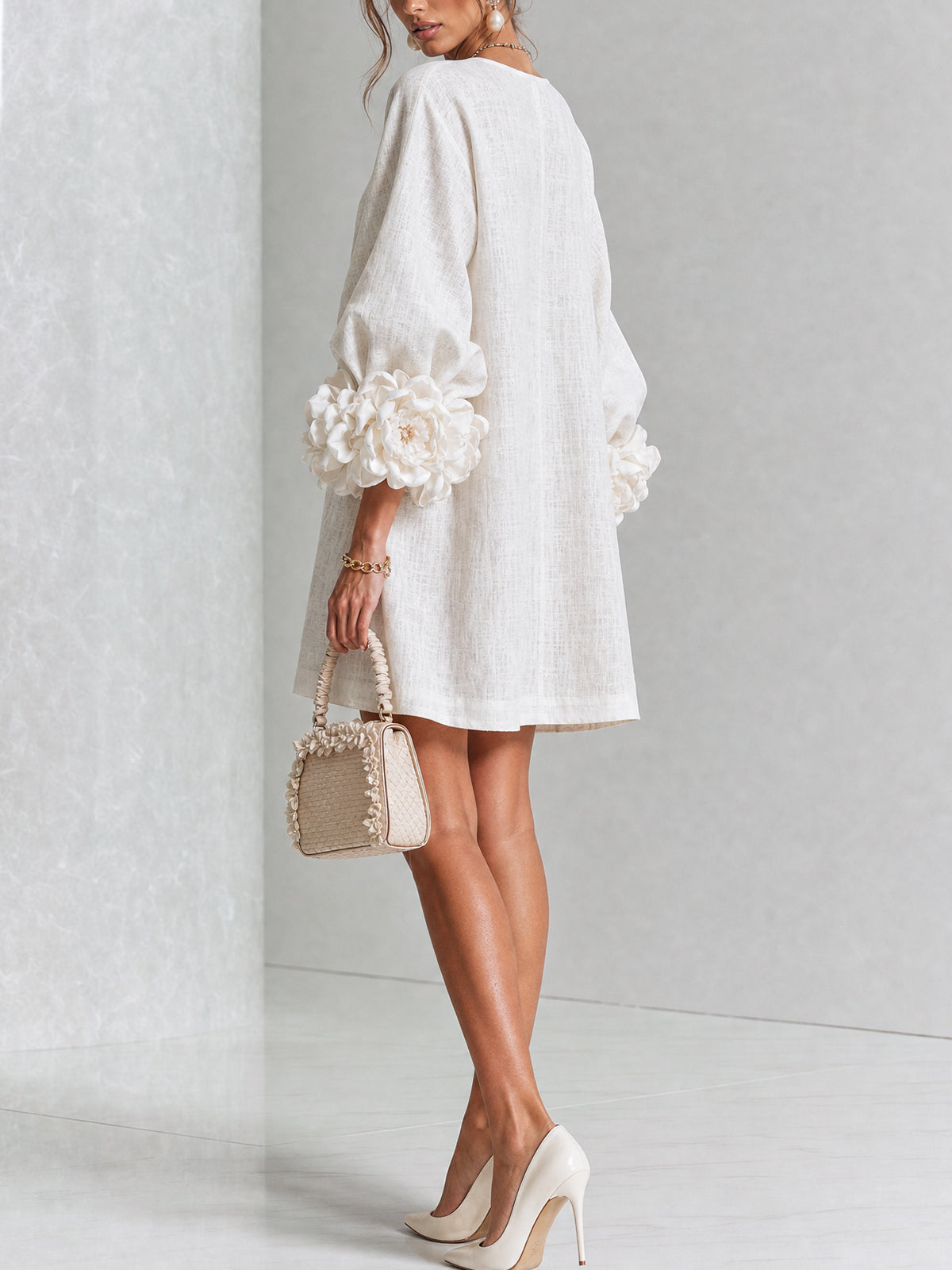 Women's Button-Front Mini Dress with Floral Cuffs and Puff Sleeves