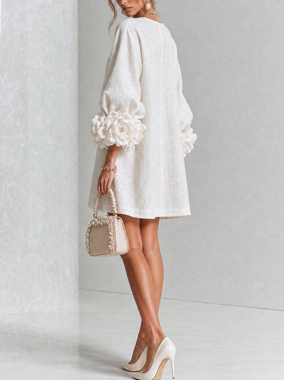 Women's Button-Front Mini Dress with Floral Cuffs and Puff Sleeves