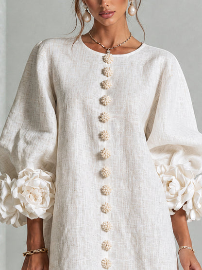 Women's Button-Front Mini Dress with Floral Cuffs and Puff Sleeves