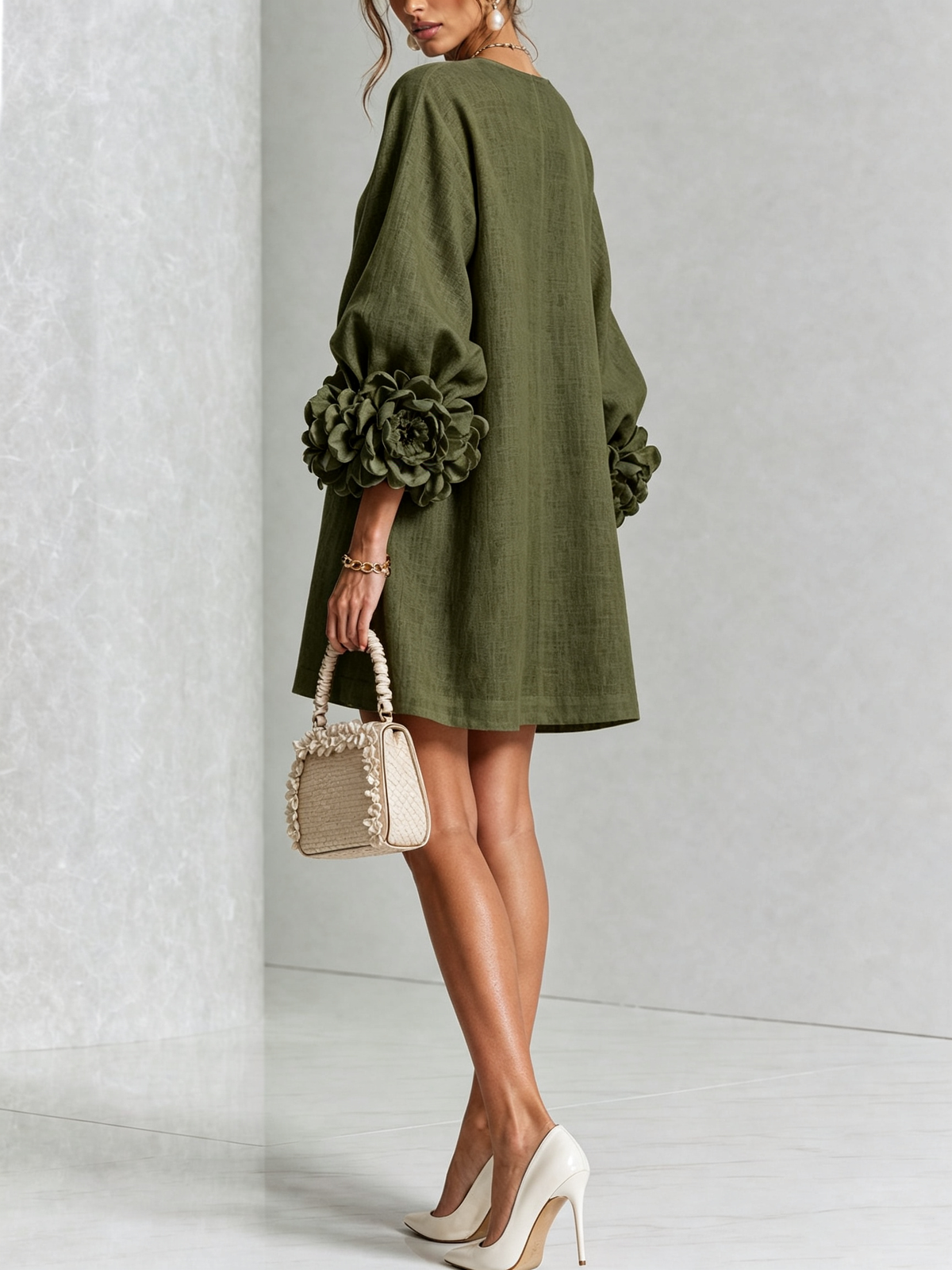 Women's Button-Front Mini Dress with Floral Cuffs and Puff Sleeves